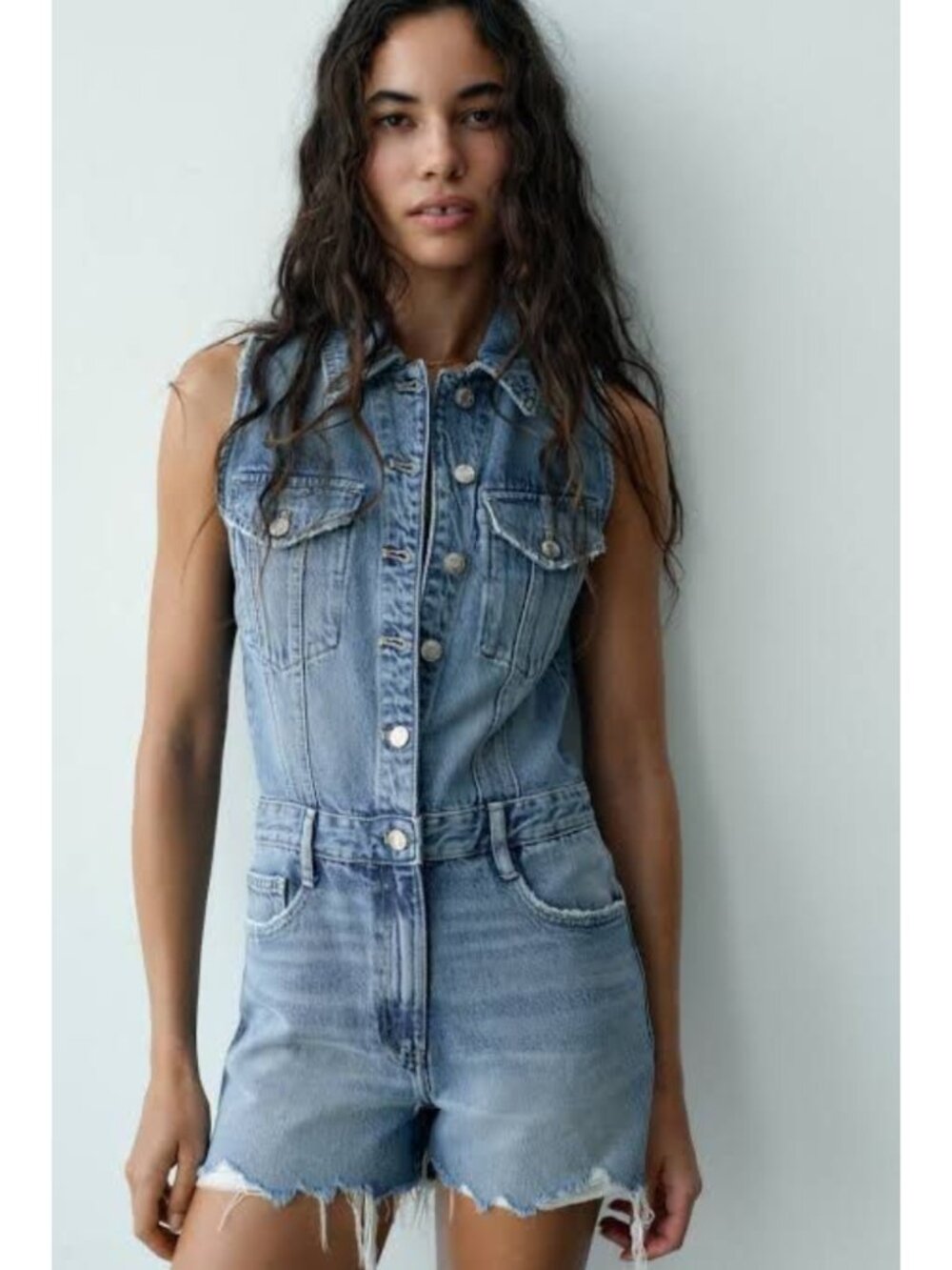 NWT ZARA Denim Rompers Playsuit Medium Wash Blue Raw Hem Sleeveless Size L